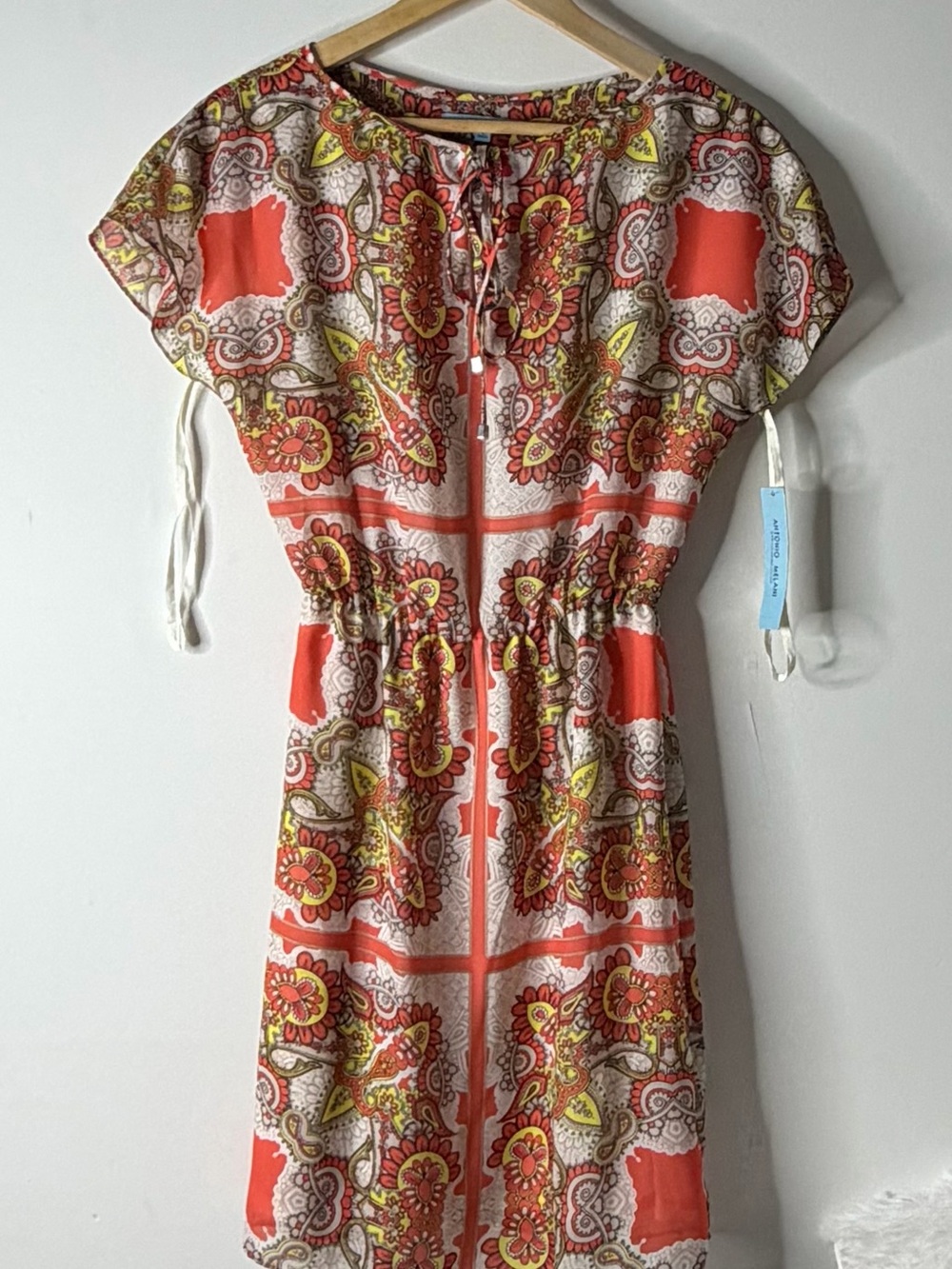 ANTONIO MELANI Coral and Cream Paisley Tie-Waist Mini Dress